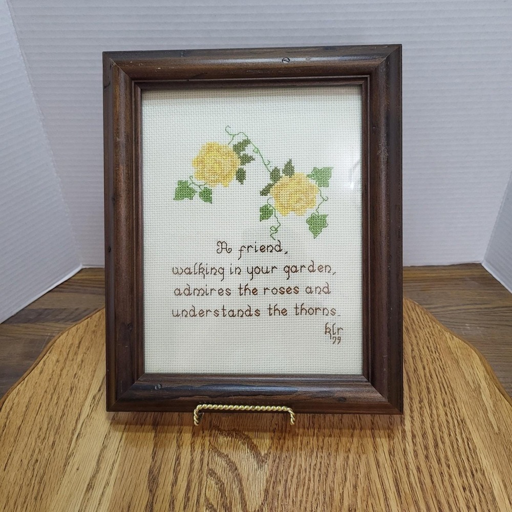 VTG Wood Framed Cross Stitch Needlepoint Friend Walking Garden Picture Roses